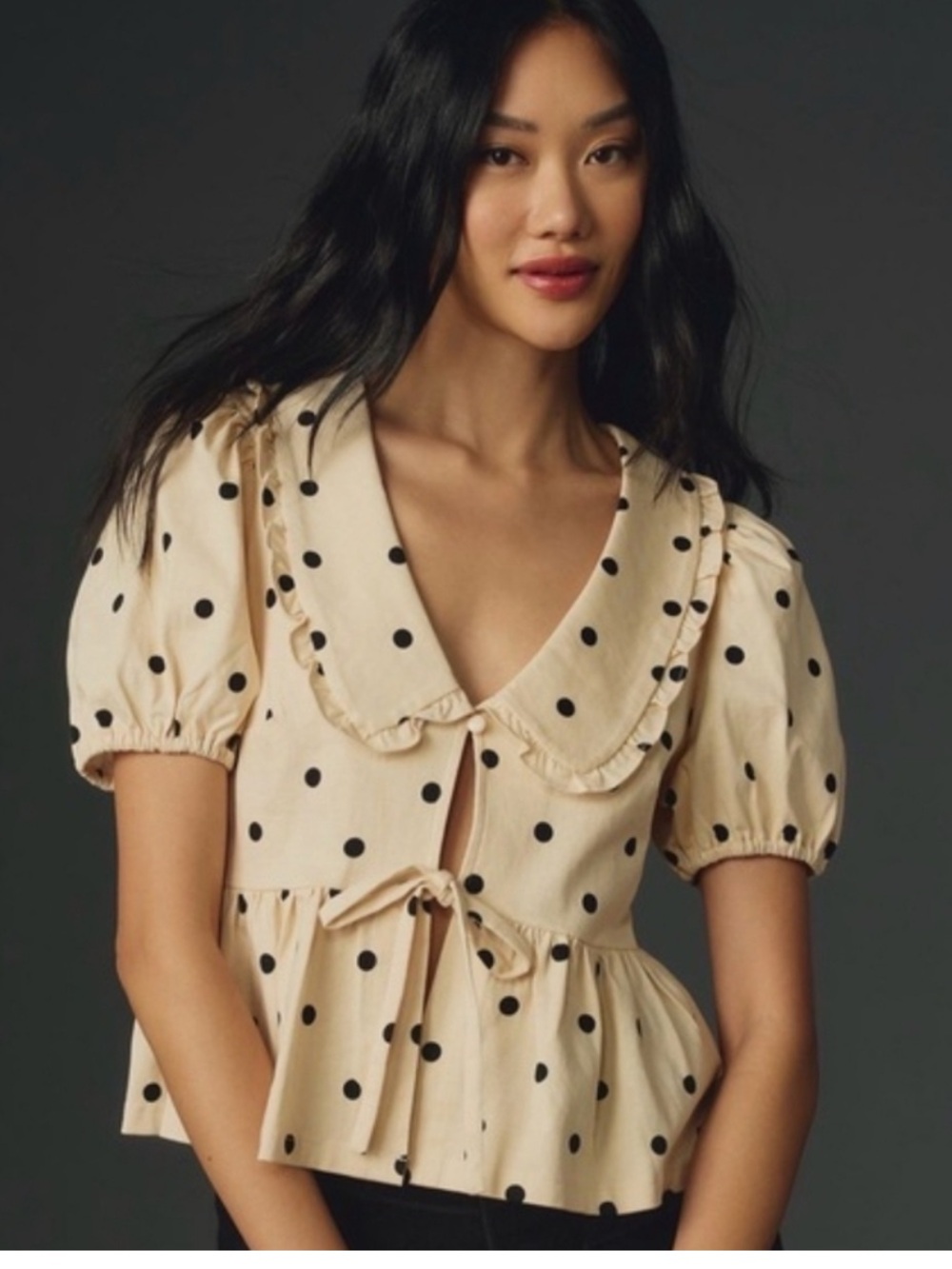 Polka Dot Ruffle Peplum Blouse in Ivory and Black 100% cotton